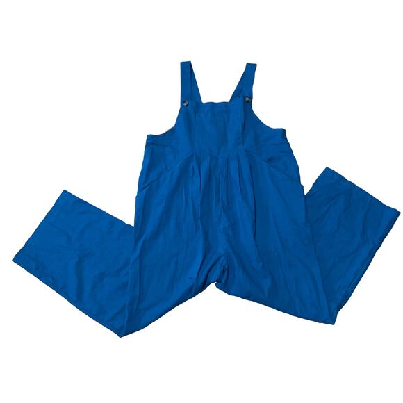 None Pants - Pleated Sleeveless Straight Leg Cropped Overall Jumpsuit in Blue Size Large